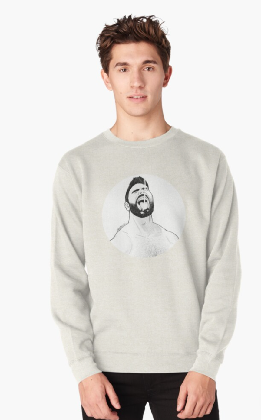 model wearing Edgar Murillo sweatshirt with a gay bearded daddy swallowing cum 