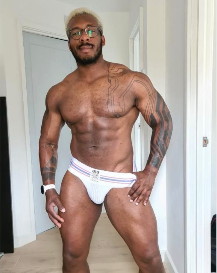 gay black sexy onlyfans content creator wearing classic white jockstrap by bill and brandon promotional short