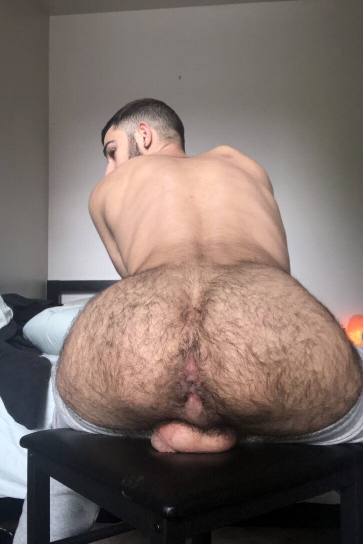 hot hairy ass gay male bent over chair with balls hanging out