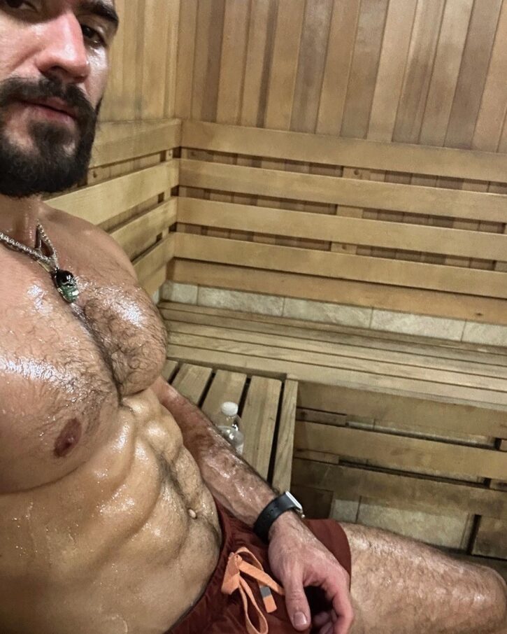 hairy sweaty gay male posing in gym sauna