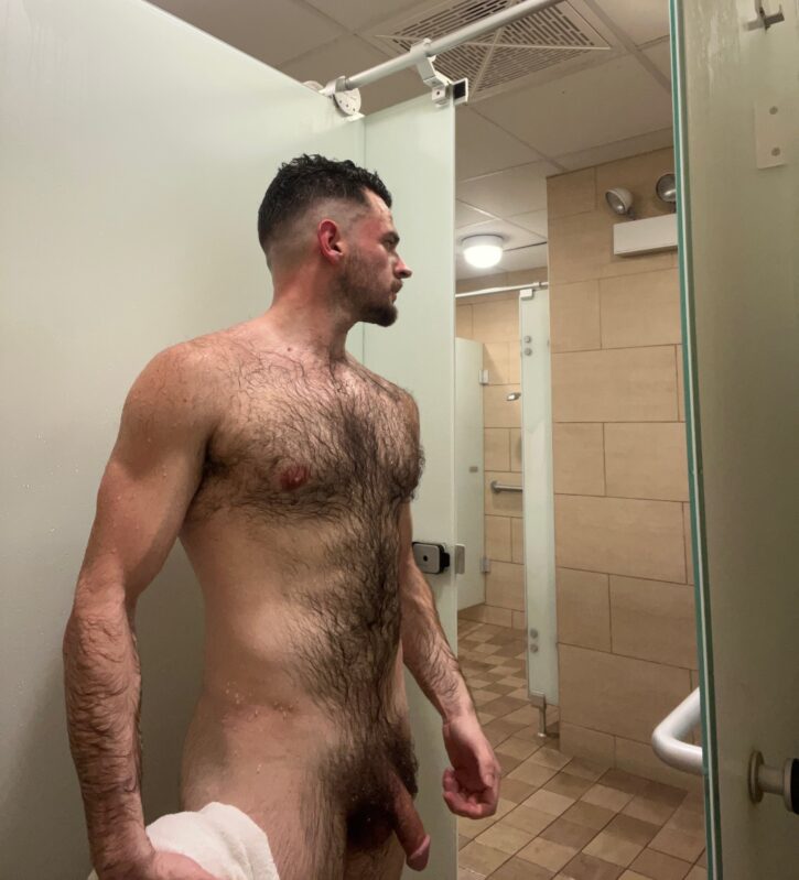 gay hairy muscle daddy wet and out of gym shower