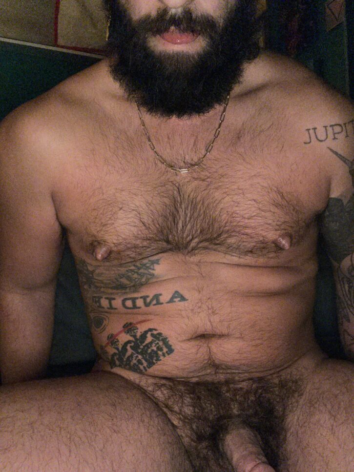 hairy tattoo otter posing with semi hard dick
