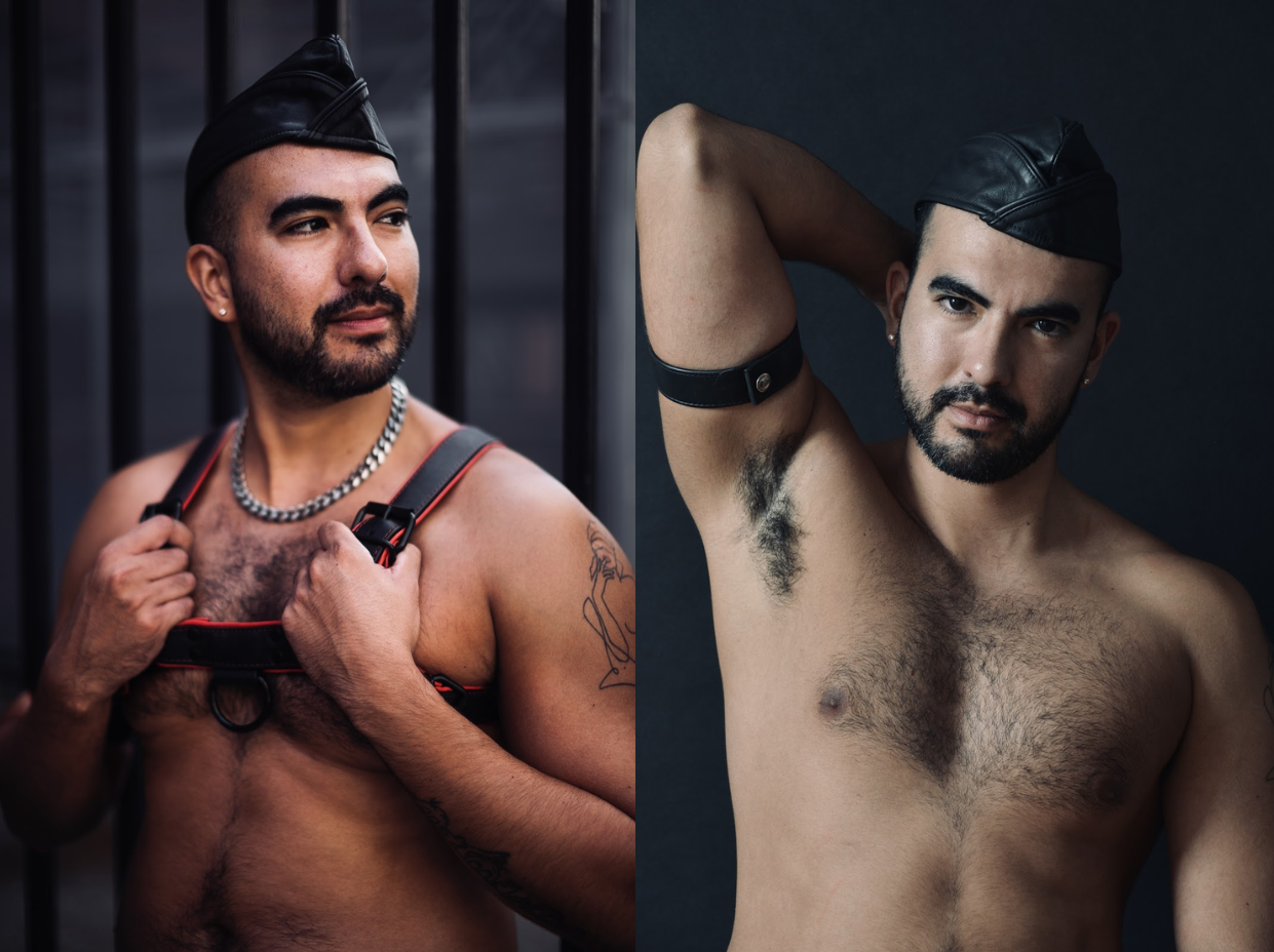 gay male posing in a leather harness in one photo and a second photo of gay leather male wearing arm harness and leather fetish hat