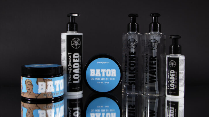 twisted beast brand ;ube bottled aligned together on black backdrop showing silicon lube, water based lube and baton series lube plus fisting lube