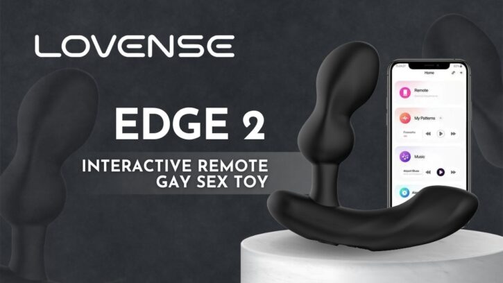 lovense edge 2 interactive remote gay sex toy promo photo showing interactive capabilities beside smartphone device