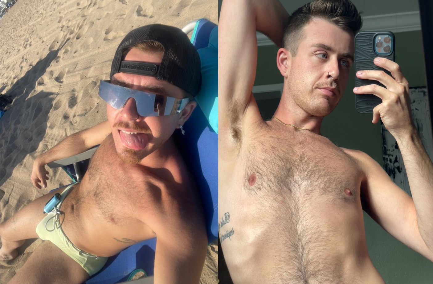 gay xxx onlyfans creator Dallas Knoxxx posing at the beach with his tongue hanging out while wearing a speedo and a split photo of shirtless Dallas Knoxxx taking an iphone mirror selfie