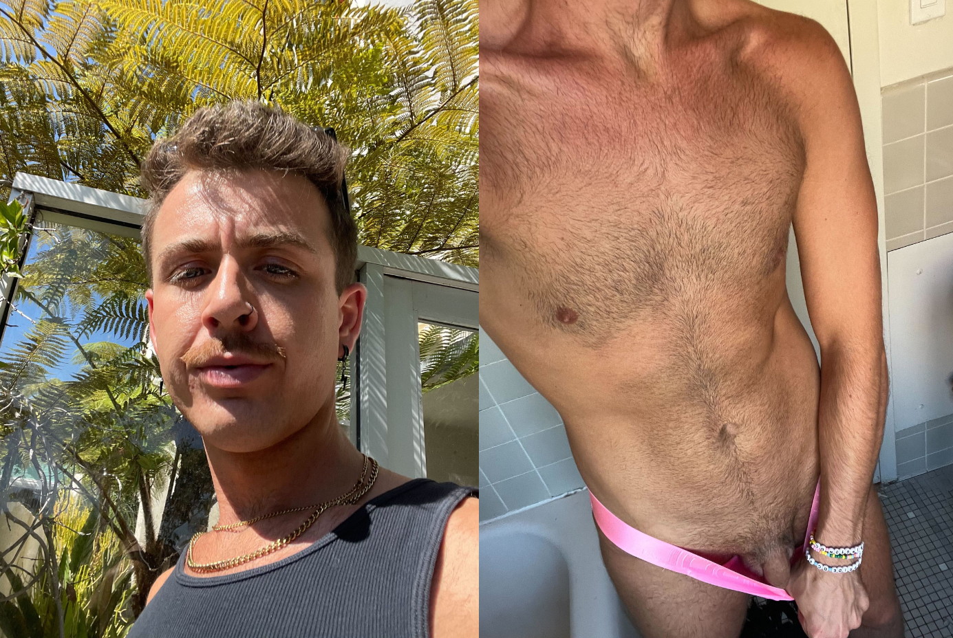 gay xxx onlyfans creator Dallas Knoxxx posing outside in face selfie and a split photo of shirtless Dallas Knoxxx taking an iphone mirror selfie in little pink g string thong for gay xxx onlyfans content