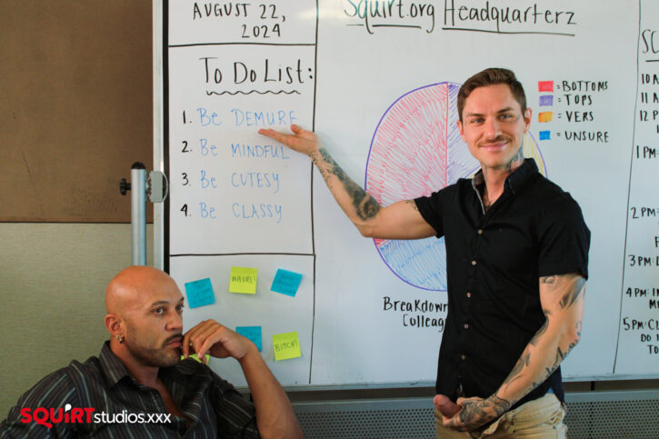 gay xxx porn performers Rocky Unleashed and Zak Bishop posing in front of a white board with a to do list that says be demure be mindful be cutesy be classy for gay porn studio squirtstudios.xxx