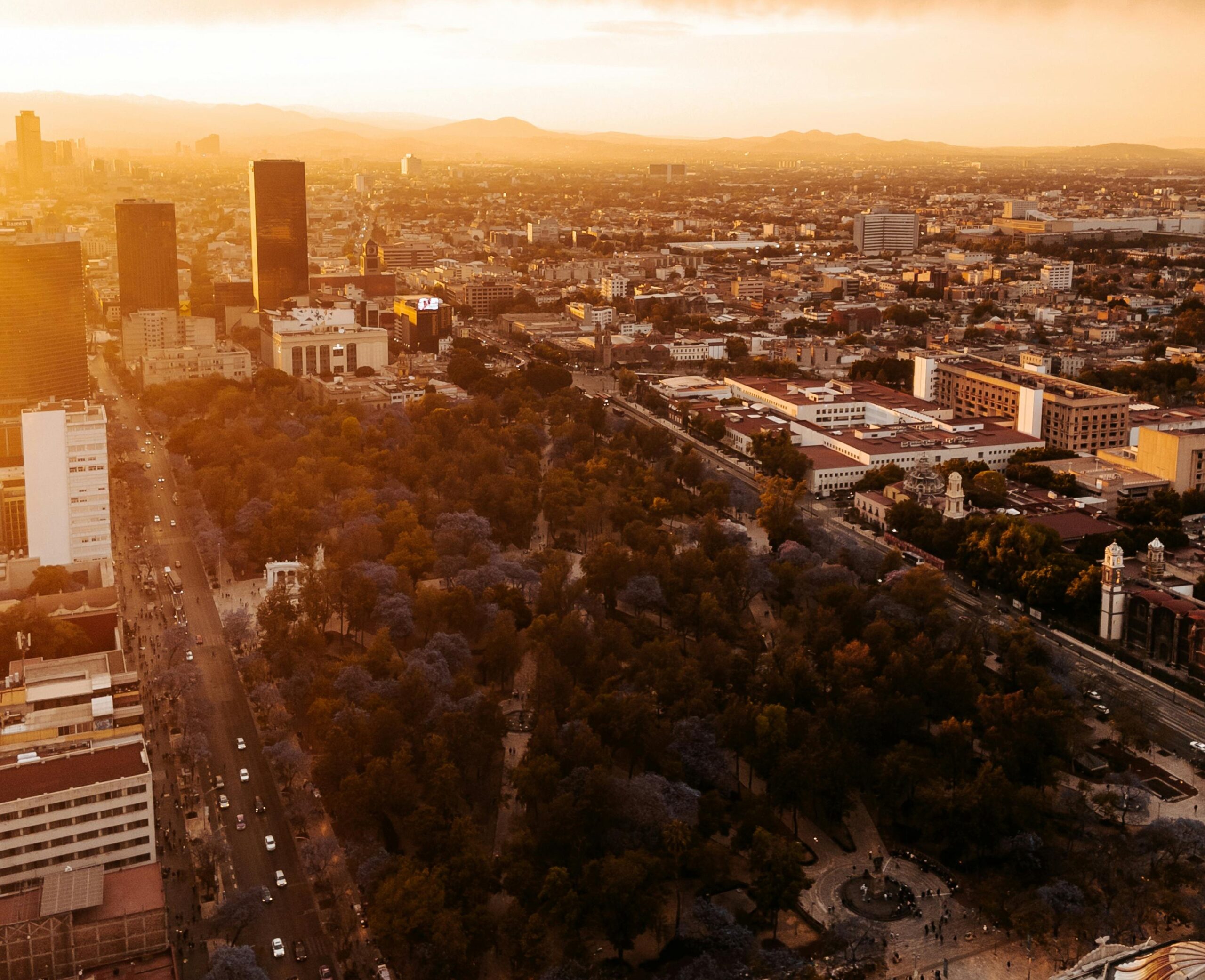 aerial photo of la alameda gay cruising park in mexico city in sepia tones at dusk via photographer Luis Quintero