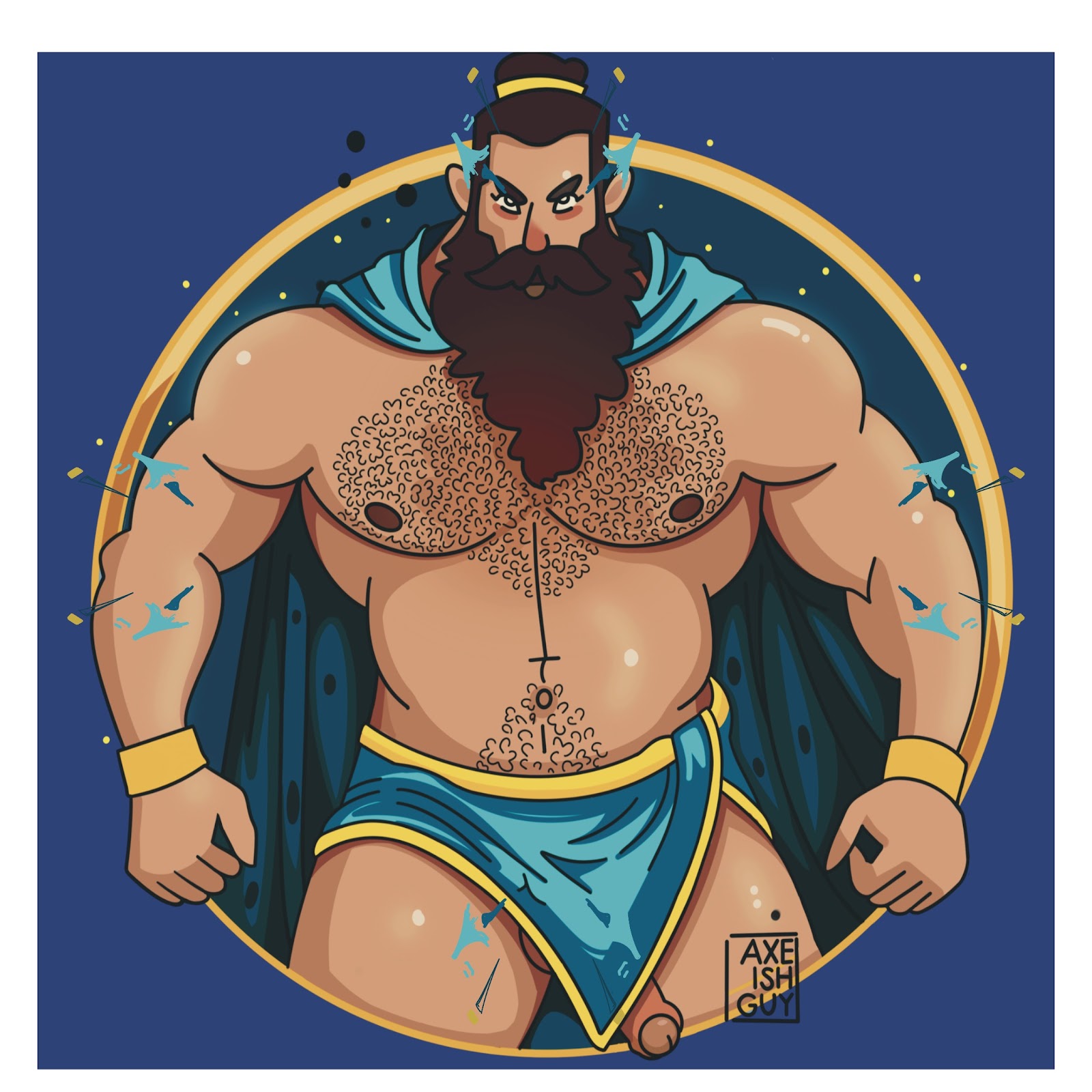 illustration by san francisco based artist Axeish of hairy muscle bear with beard wearing tiny blue and gold sarong with a half erect dick peeking out