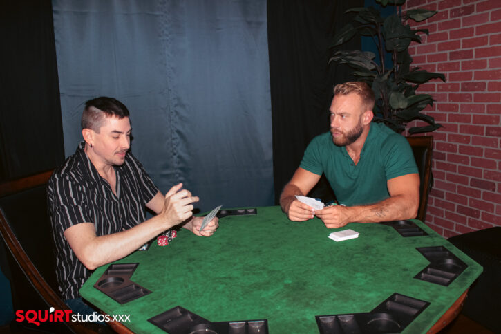 jack hunter and gay onlyfans content creator brogan wearing button up shirts playing poker on a green felt gambling table for squirt studios