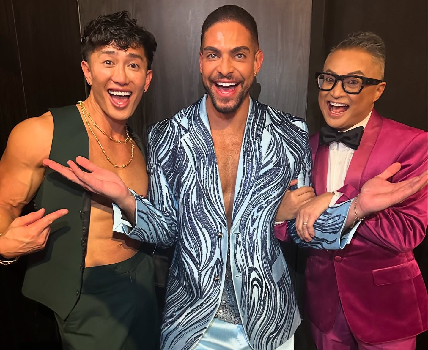 Alec Mapa, gay porn creator Jakob Ethan Dale, and hot male model Bruno Alcantara pose together on the red carpet for gay sex porn awards gayvn awards 2025