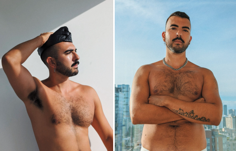 gay male posing shirtless showing off his hairy muscle chest in one photo and a second photo of gay horny muscle otter shirtless and crossing his arms while giving a smouldering stare