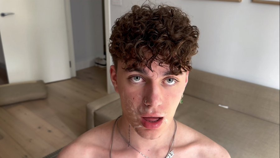 gay xxx onlyfans creator Dillon Faze mouth open in gooner pose covered in jizz and cum ready for orgy bareback sex