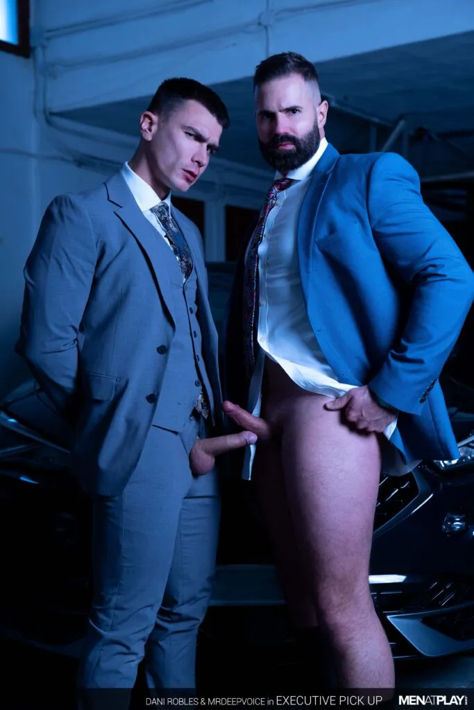 gay xxx porn actors Dani Robies and Gay xxx onlyfan creator mrdeepvoice posing in gay fetish formal three peice suits for gay porn studio men at play