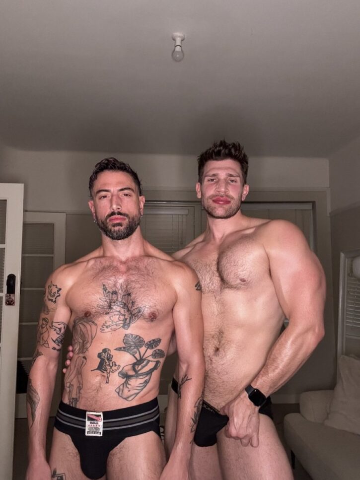 male OnlyFans gay porn creators bastian kouros and pharaohphag posing shirtless in underwear together