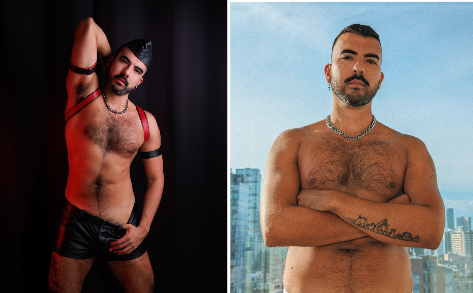 gay travel influencer and Squirt member phil9325 poses in kink wear and shirtless in front of a window while traveling across the world to gay hookup spots and gay bareback sex locations